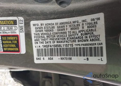 2006 Honda Civic Ex из США, поврежденный, VIN 1HGFA15856L115715